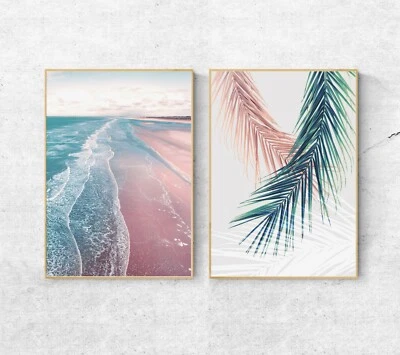 Set of 2 Pink Blue Blush Matching Palm Tree Beach & Ocean Wall Art Prints - Image 1 of 4