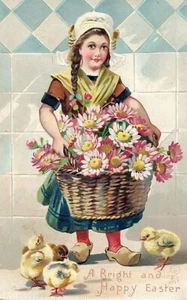 1908 Girl Holding Basket of Flowers with Chicks Vintage Children Easter Postcard - Picture 1 of 2