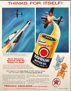 1955 Havoline Motor Oil Vintage Print Ad Rocket Shooting Down Airplane - Picture 1 of 1