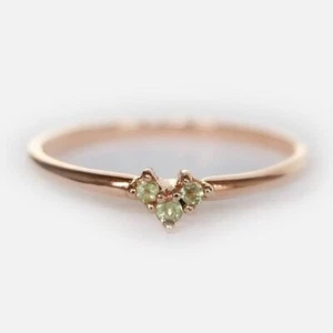 Lab-Created Round Cut Peridot With 10K Rose Gold 3-Stone Heart Design Ring - Picture 1 of 5