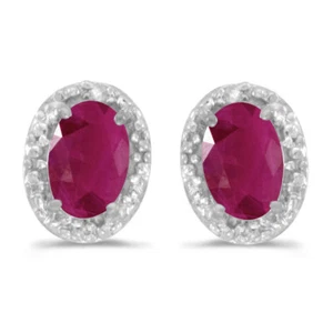 10k White Gold Oval Ruby And Diamond Earrings - Picture 1 of 4