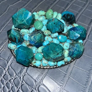Unique Chunky Oval Turquoise Belt Buckle Back Says Karel - Foto 1 di 9