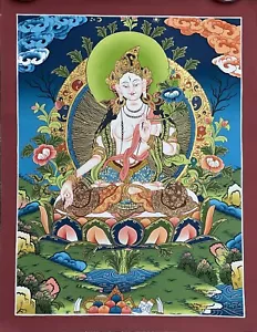 ORIGINAL HAND-PAINTED WHITE TARA MOTHER GODDESS TIBETAN THANGKA THANKA PAINTING - Picture 1 of 7