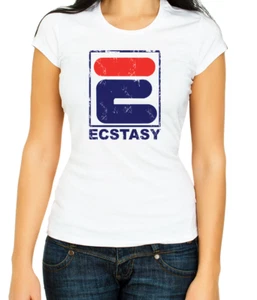 Ecstasy Rave Techno 90s Retro White/Black Women's 3/4 Short Sleeve T-Shirt K778 - Picture 1 of 5
