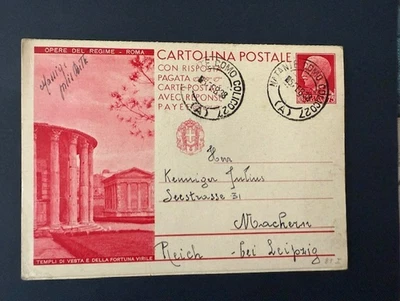 1938 Italy Used 75 cent Red Postal Reply Card with two different views attached - Image 1 of 2