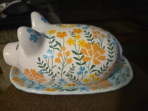 Old East Main Co Floral Schwein Butterdose Türkis Boden Bauernhaus Land 8"x5" - Bild 1 von 9