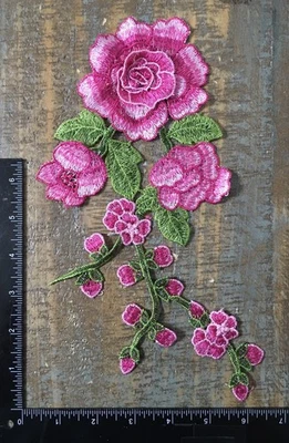 LONG STEM PINK ROSE Flower Plant Floral Roses Buds Garden Applique Patch 12X5 - Image 1 of 4
