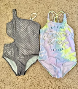 Lot Of 2 Justice Mermaid Logo Adjustable Straps One Piece Swimsuit Size L 12/14 - Picture 1 of 6