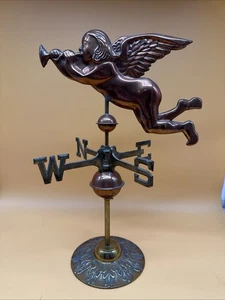 Vintage Brass and Copper Standing Weather Vane w/ Decorative Cupid & Trumpet - Picture 1 of 12