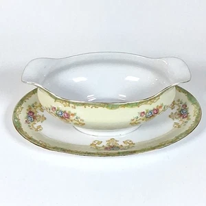 Gold China Gravy Boat w/ Attached Underplate Floral Gold Trim - VG Condition - Picture 1 of 8