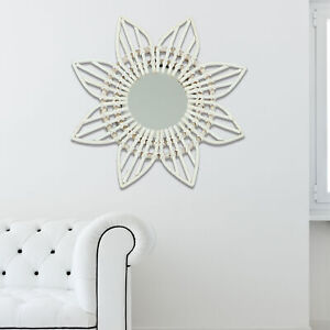 Hanging Mirror White Flower Shape Woven Rattan Framed Wall Mirror Rustic