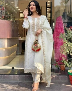 Mujeres Bollywood Kurti Pantalón Dupatta Conjunto Diseñador Indio Salwar Traje Túnica Kurta - Imagen 1 de 10