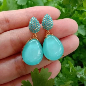 Blue Crystal White Mother Of Pearl Shell Cubic Zirconia Pave Stud Dangle Earring - Picture 1 of 6