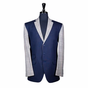 Mens Blazer Blue Striped Beige Plaid Wool Party Jacket Wedding Sport Coat 40R - Picture 1 of 5