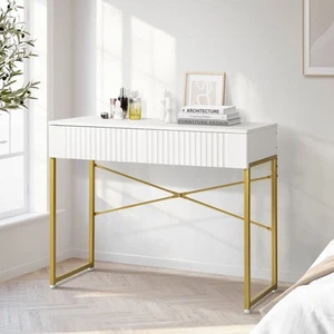 Oikiture Dressing Table Vanity Makeup Desk 2 Drawers White and Gold - Picture 1 of 10