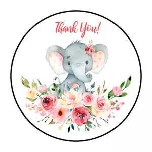 30 1.5" THANK YOU GIRL ELEPHANT FAVOR LABELS ROUND STICKERS ENVELOPE SEALS - Picture 1 of 1