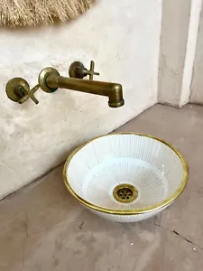 35cm-13.7 in, Ceramic Sink for Bathroom & Kitchen, Handmade Sink with Brass Rim - Picture 1 of 8