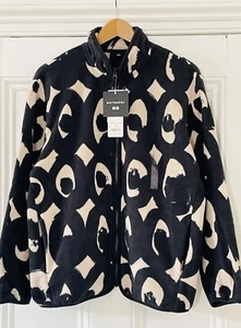Marimekko Uniqlo Womens Black Ivory Geometric Print Fleece Jacket L UK 14 EU 42 - Picture 1 of 14