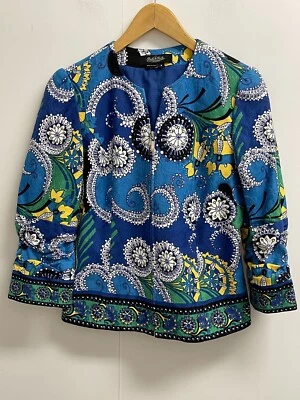 Peck & Peck Woman's 4 Blue Print Blazer Jacket Zip Front 3/4 Ruched Sleeve Lined - Image 1 of 4