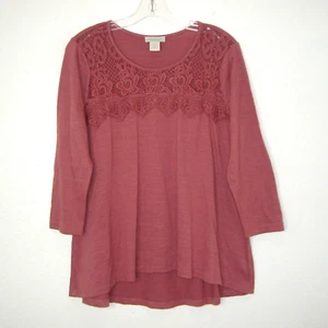 Top da donna Status by Chenault rosa polvere pizzo accento orlo alto manica a 3/4 taglia L - Foto 1 di 6