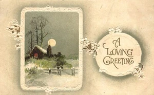 Postal en relieve Loving Greetings Full Moon over House in the Country 1911 - Imagen 1 de 2