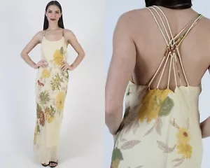 Vintage Y2K Beaded Open Back Dress Long Floral Spaghetti Strap Backless Gown - Picture 1 of 7