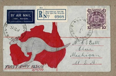 Australia 1949 3rd Oct 10/- Arms FDC Hand Drawn Registered Cover to USA - image 1 of 2