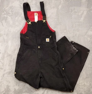 Carhartt Bib Overalls Mens ~ 34x32 Black Red Quilt Lined Double Knee Side Zip - Picture 1 of 14