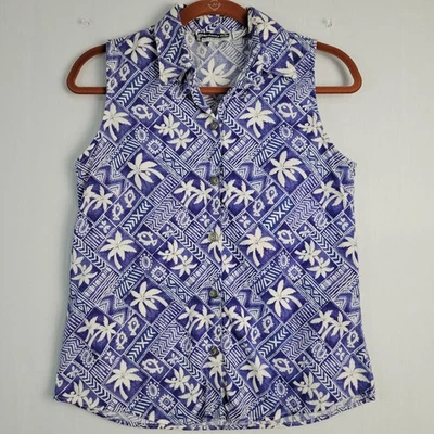 Vintage 90s Sleeveless Button Up Western Wear top sz S blue palm trees vacation - Image 1 of 4