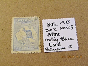 AUSTRALIA SG 38 KANGAROO 6d MILKY BLUE DIE 2 WMK 3/SG No6 WMK RETOUCH ON E NO SG - Picture 1 of 1