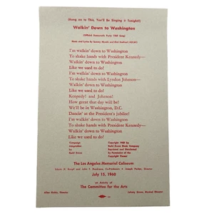 Kennedy & Johnson Walkin' Down to Washington 1960 Democratic Party Song Card Vtg - Picture 1 of 7