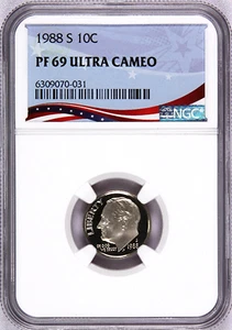 1988-S Proof Roosevelt Dime, Graded PF69UC NGC * OSR Patriotic Exclusive Label - Picture 1 of 4