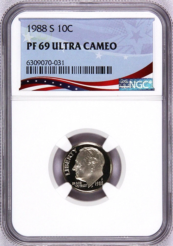 1988-S Proof Roosevelt Dime, Graded PF69UC NGC * OSR Patriotic Exclusive Label - Image 1 of 4