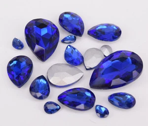 Sapphire blue Glass Rhinestone Tear Drop Jewels Crystal Applique Size Selection - Picture 1 of 8
