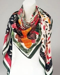 Ladies Red Green Cream Arty Bird Design Large Womans Neck Silk Scarf Shawl - Picture 1 of 14