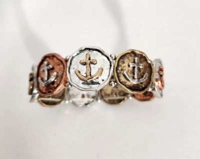 Anclajes ~Pulsera elástica 7 1/2"~Tonos bronce, plata y cobre~Acabado envejecido Foto 1 de 4