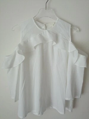 H&m White Ruffled Blouse With Cut Out Shoulders UK Size 12 EUR 38 - Image 1 of 4