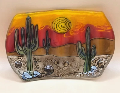 Jabonera de vidrio fundido hecha a mano Southwest plato de baratija cactus puesta de sol 4" X 3" Foto 1 de 4