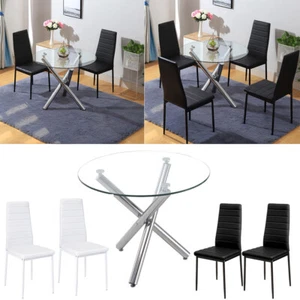 Glass Top Round Dining Table & Chairs Set, 2/4 White/Black PU Leather Chairs - Picture 1 of 32