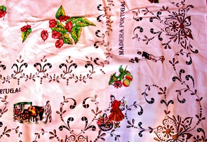50W x 70L Madeira Portugal Awesome Vintage Tablecloth. Colorful pictures on Whit - Picture 1 of 8