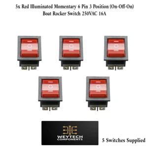 5x Red Momentary 6 Pin 3 Position (On-Off-On) Rocker Switch 250VAC 16A - Picture 1 of 5