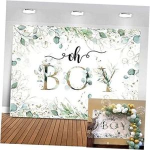 Greenery Boy Baby Shower Backdrop Oh Boy Baby in Bloom Eucalyptus Leaves 7x5ft - Picture 1 of 8