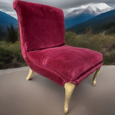 Vintage Chair Boudoir Red Velvet Slipper Chair Hollywood Regency Glamour Wide - Image 1 of 4