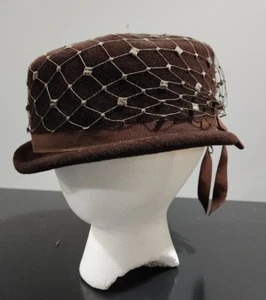 VTG 50's Merrimac Womens Peachbloom Velour Hat  Brown BOW NETTING Juli-Kay FALL  - Picture 1 of 7