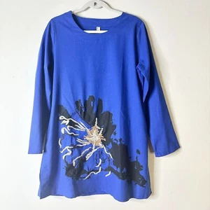 Unbranded Dress Women L Blue Shift A-Line Flared Sleeves Embroidered Floral NWT - Picture 1 of 7