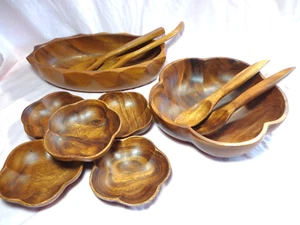 Vintage Wood Salad Bowl Sets Genuine Hawaiian Monkey Pod, Scallop Shaped 11 Pcs - Picture 1 of 8