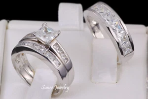 His and Hers Simulated Wedding Ring Engagement Rings Set 925 Sterling Silver - Picture 1 of 5