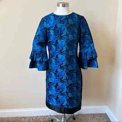 Vestido recto Badgley Mischka Saoirse jacquard manga volantes talla 0 azul 5721 Foto 1 de 4