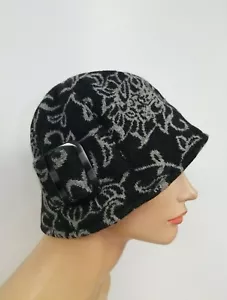 LADIES FLORAL KNIT WOOL HAT BROWN BLACK BUCKET CLOCHE - Picture 1 of 13