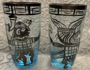 Mayan/Aztec Design 12 oz. Highball w/Tarnished Silver Overlay Blue Bottom - Picture 1 of 7